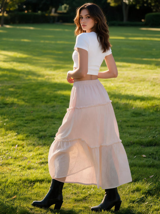 Damen Luftiger Stufenrock mit elastischem Bund und transparenter Chiffon‑Optik EB