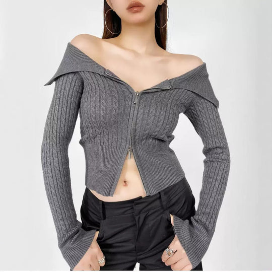 Damen modische Strickjacke mit weitem Kragen und Reißverschluss EB