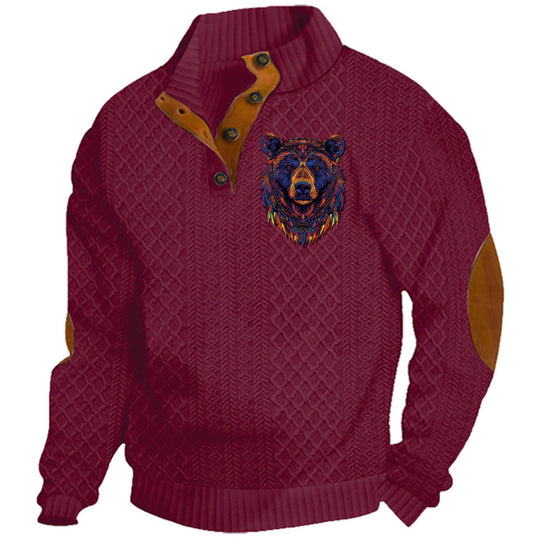 Herren nan Heritage-Strukturpullover mit Stehkragen Lederimitat-Besatz Ellenbogen-Patches und Halbknopfleiste EB