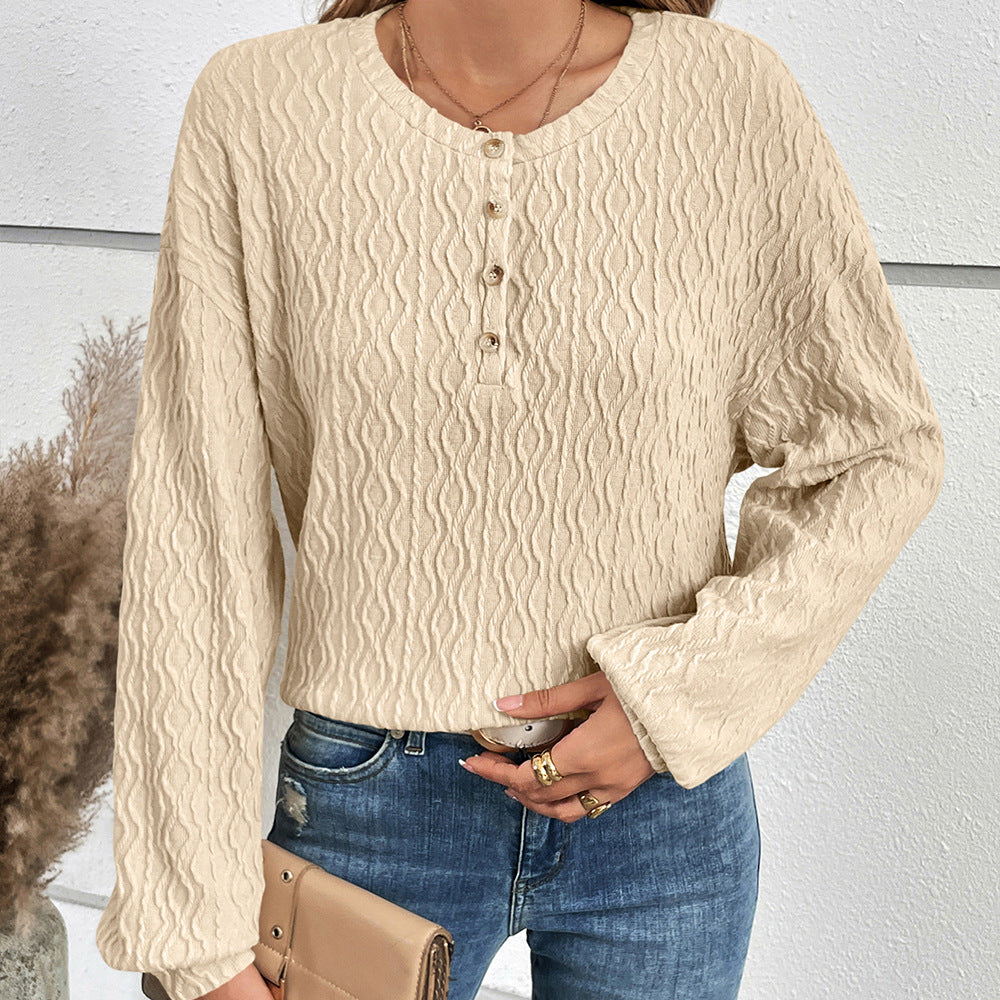 Damen lässiges Langarm-Henley-Oberteil aus strukturiertem Material EB