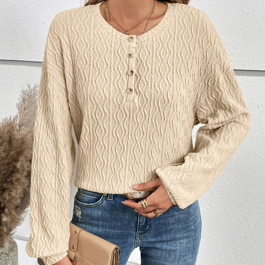Damen lässiges Langarm-Henley-Oberteil aus strukturiertem Material EB