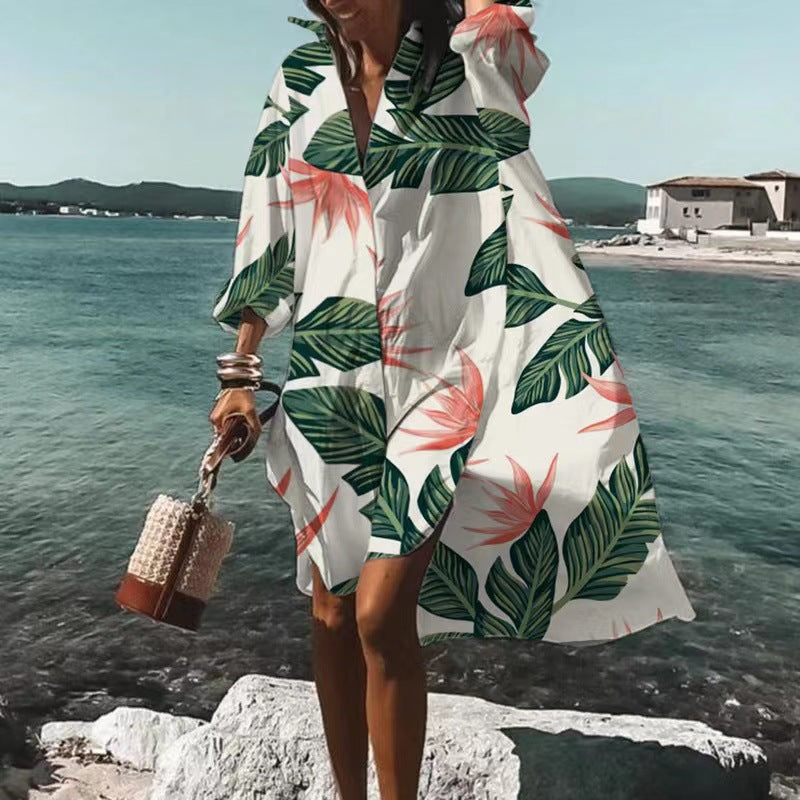 Damen nan luftiges Strandkleid Kaftan mit tropischem Blattprint und weitem Schnitt EB