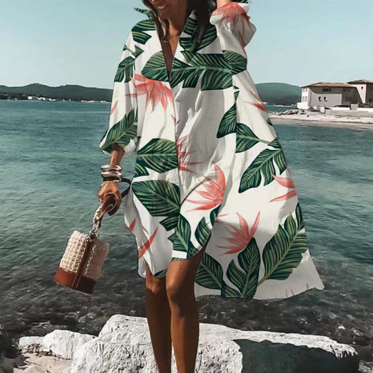 Damen nan luftiges Strandkleid Kaftan mit tropischem Blattprint und weitem Schnitt EB