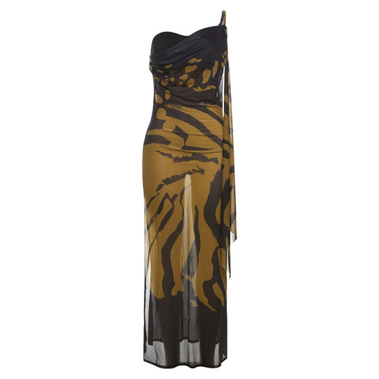 Damen Elegantes ärmelloses Maxikleid mit asymmetrischem Schnitt und tierischem Muster EB