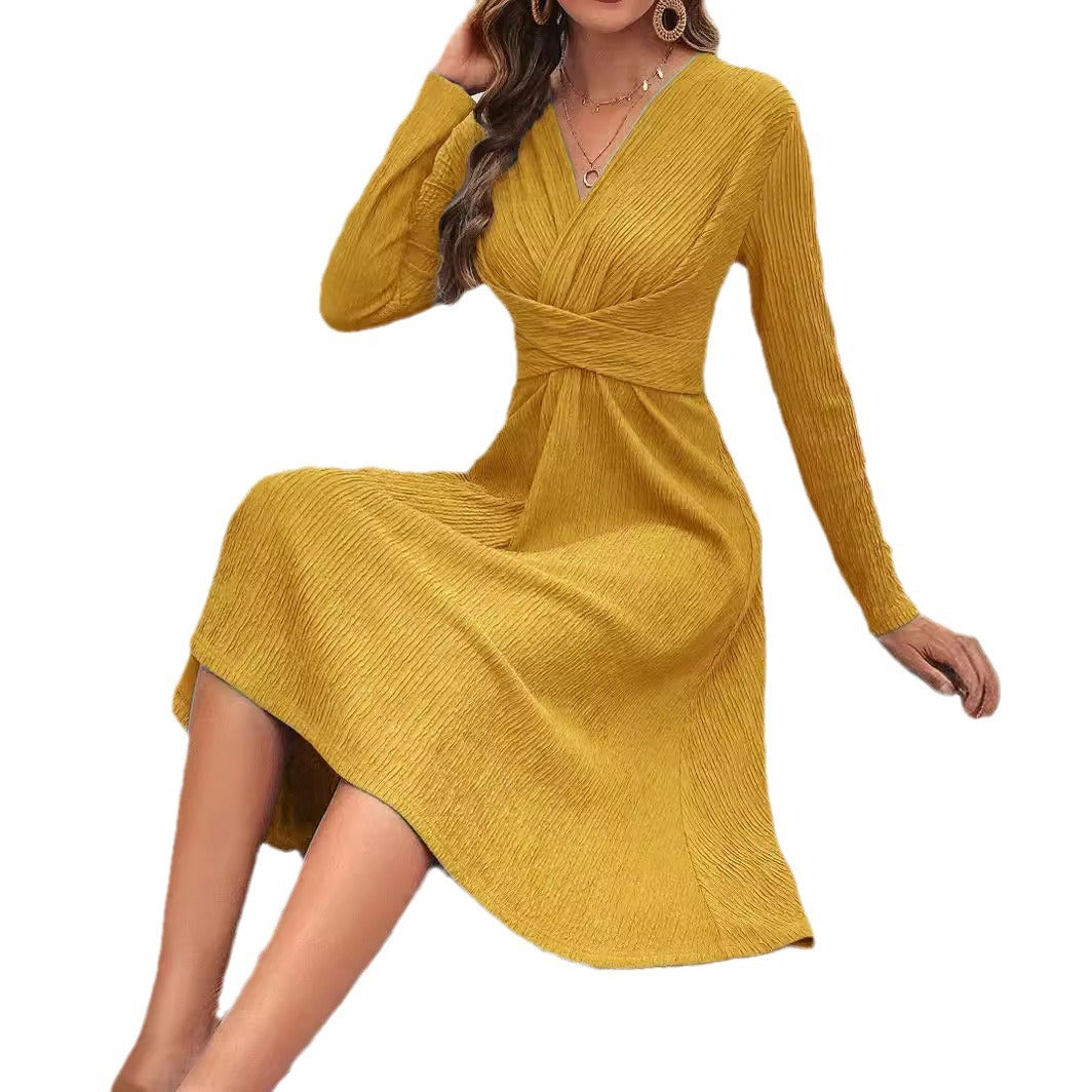 Damen Elegantes Wickelkleid mit strukturiertem Oberteil und langen Ärmeln EB