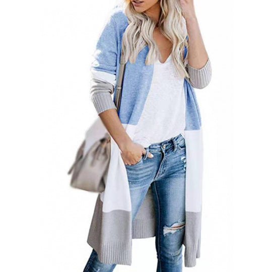 Damen lässiger Strickcardigan mit modernen Farbblockdetails und langen Ärmeln EB