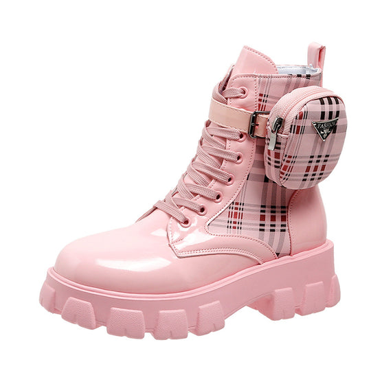 Damen modische Schnürstiefel mit seitlicher Tasche und blockartigem Absatz EB