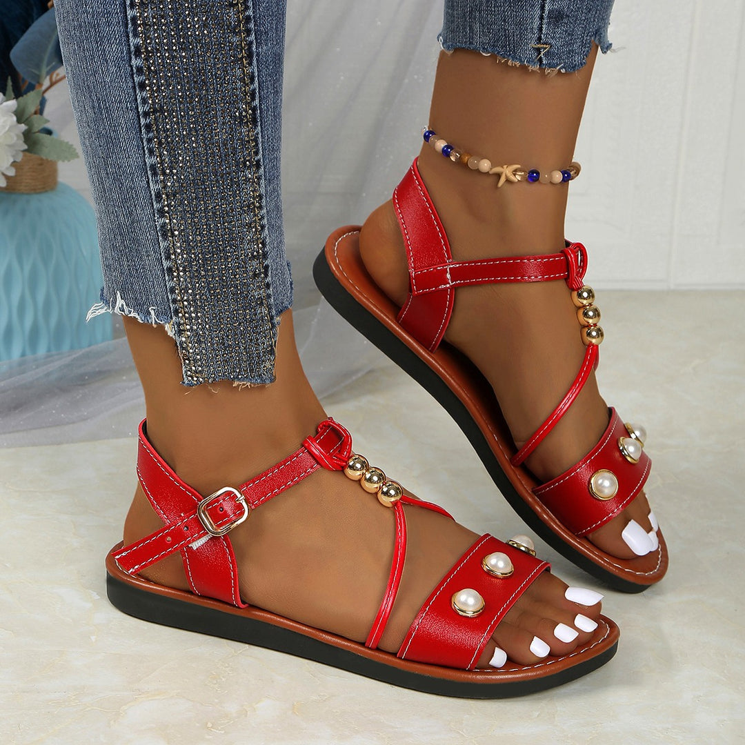 Damen Sandalen mit modischen Perlenapplikationen und verstellbarem Riemendesign EB