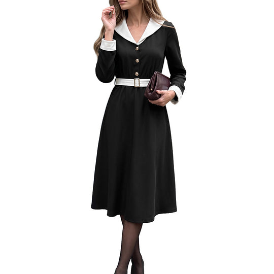 Damen Vintage-inspiriertes A-Linien Midikleid mit kontrastierendem Reverskragen, Taillengürtel und goldenen Zierknöpfen EB