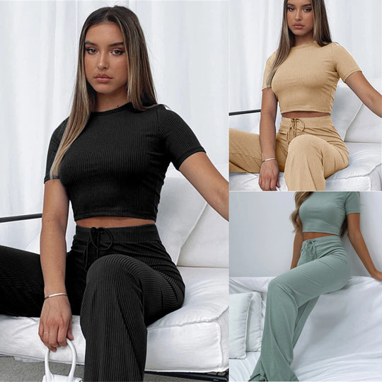 Damen Geripptes Crop-Set aus Stretch‑Jersey mit taillenhoher Kordel-Hose EB