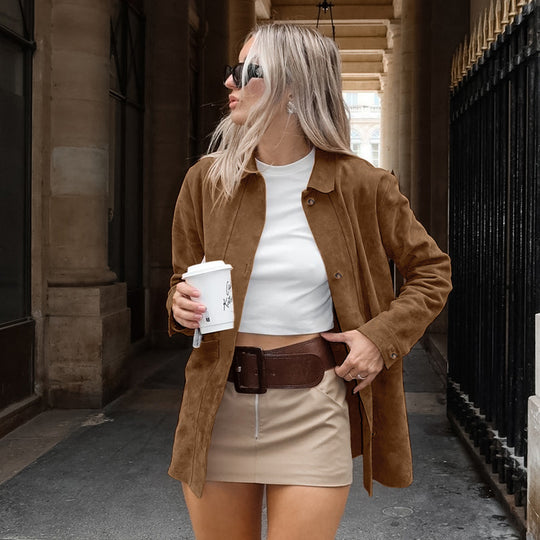 Damen Modische Wildlederjacke mit Druckknopfverschluss und praktischen Taschen EB