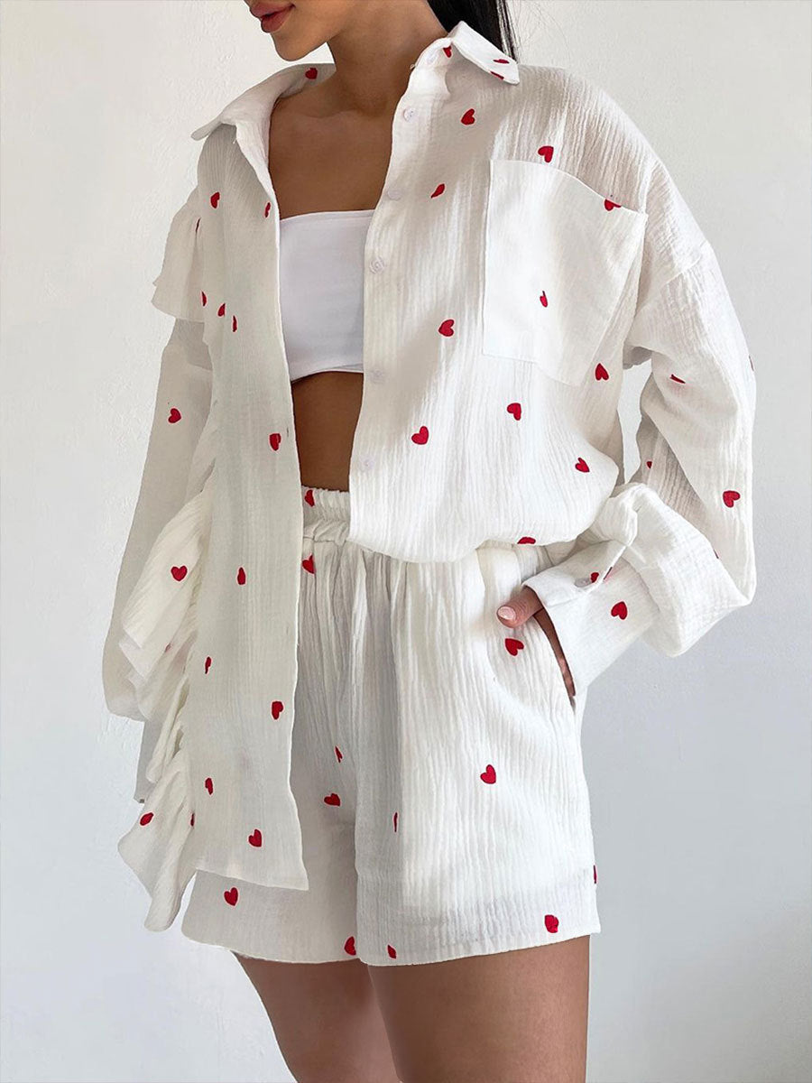 Damen Verspieltes Kurzarm-Oberteil und Shorts-Set mit Herz-Muster EB