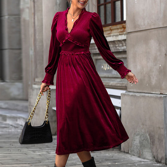 Damen elegantes Langarm-Wickelkleid mit Rüschendetails und hohem Rücken EB