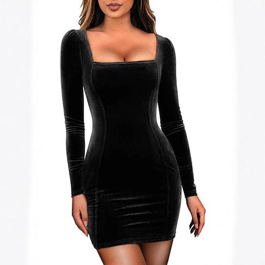 Damen Figurbetontes Samt-Minikleid mit quadratischem Ausschnitt und leichten Puffärmeln EB