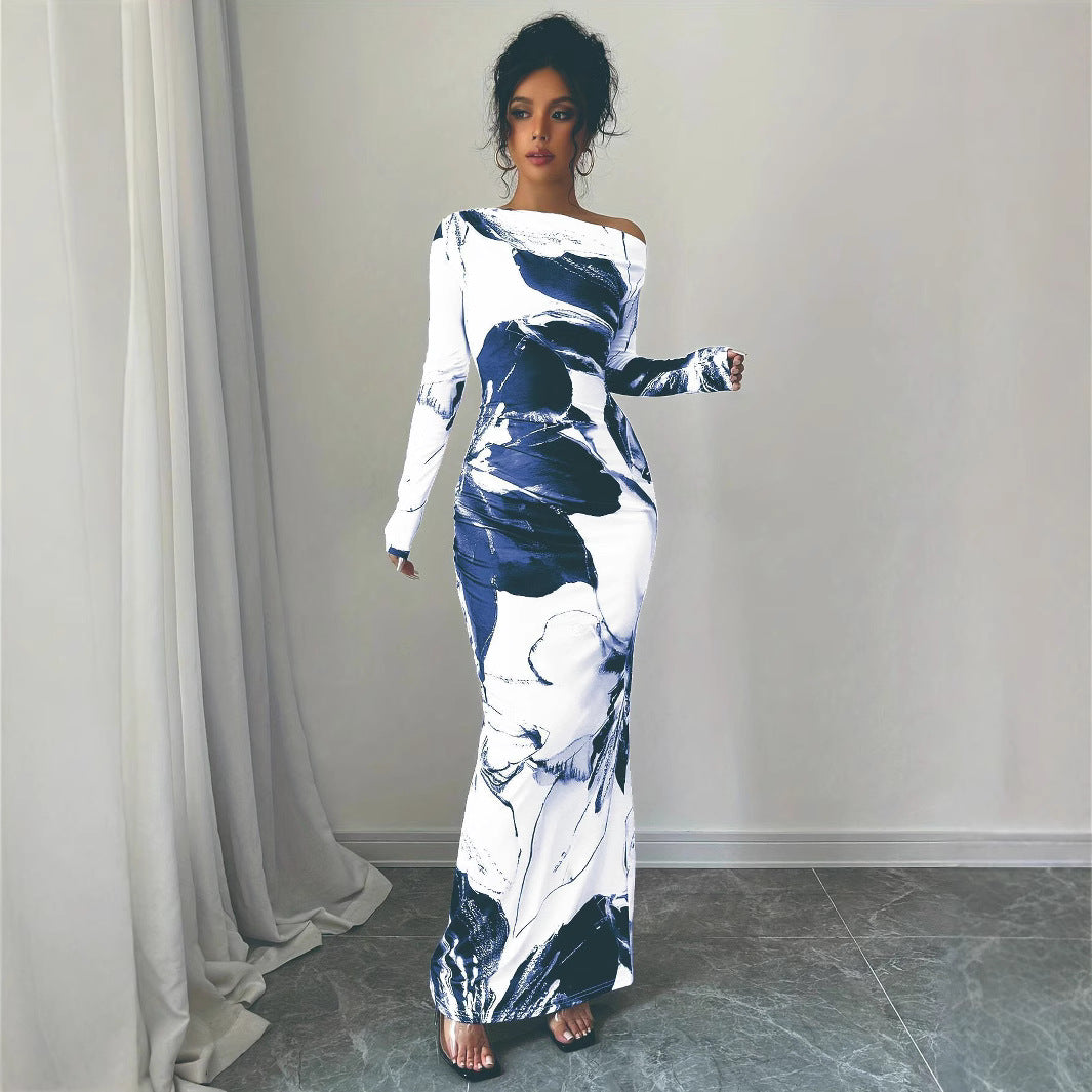 Damen Elegantes Maxikleid mit asymmetrischem Design und modernem Druck EB