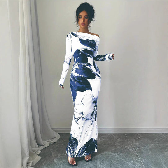 Damen Elegantes Maxikleid mit asymmetrischem Design und modernem Druck EB