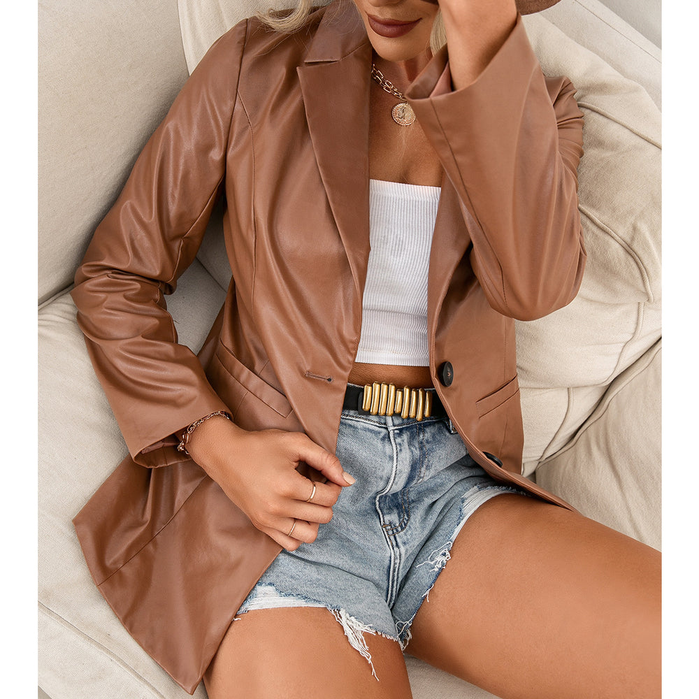 Damen elegante Kunstlederblazerjacke im zeitlosen Schnitt EB