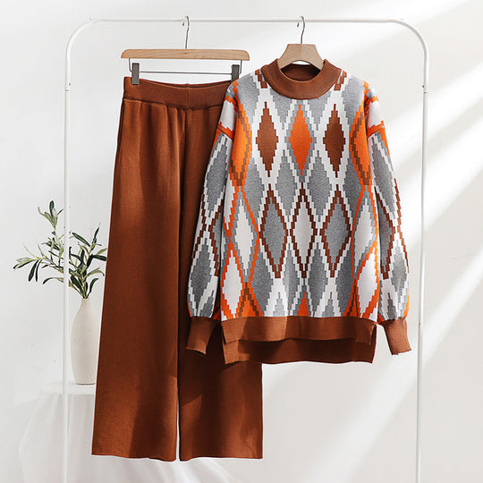 Damen modisches Strick-Loungewear-Set mit geometrischem Muster und weitem Schnitt EB