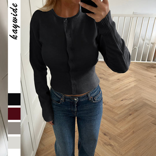 Damen nan figurbetonter Feinstrickpullover mit tailliertem Rippbund und langen Ärmeln EB