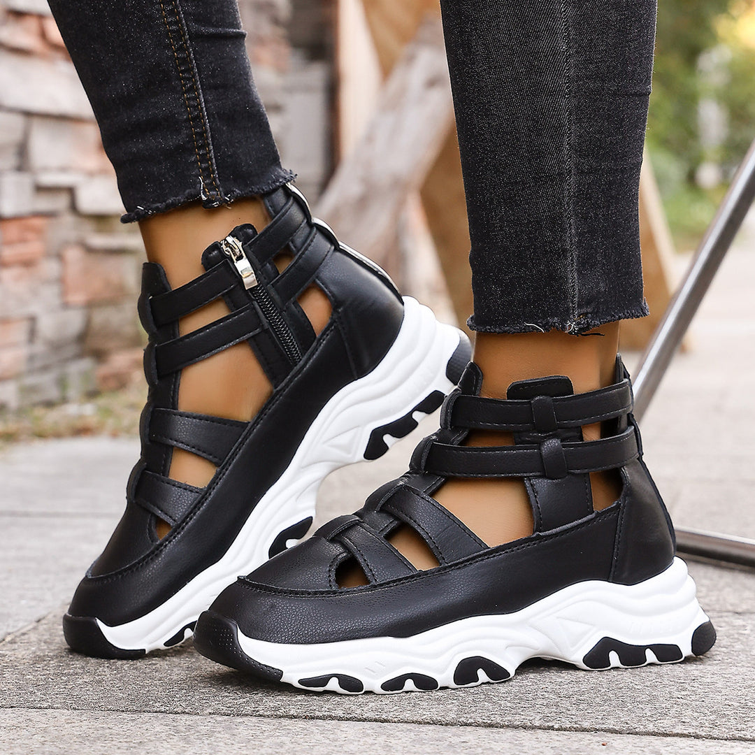 Damen  Keil-Sneaker-Sandalette mit Cut-Out Riemen, seitlichem Reißverschluss und profilierter Plateausohle EB