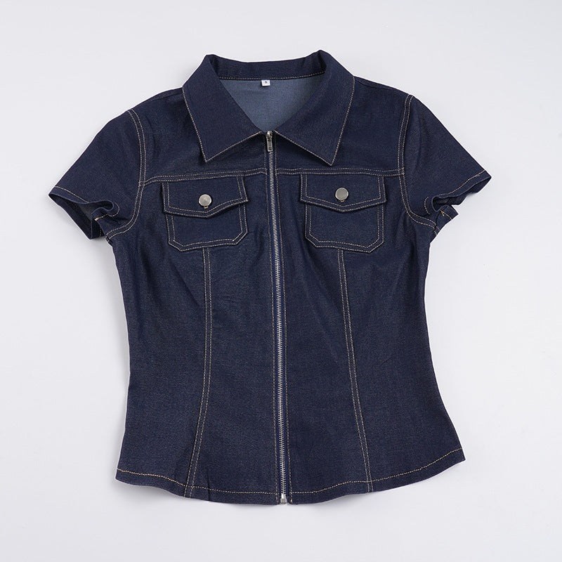 Damen Kurzarm Denim-Bluse mit modischer Zip-Detailierung und Brusttaschen EB