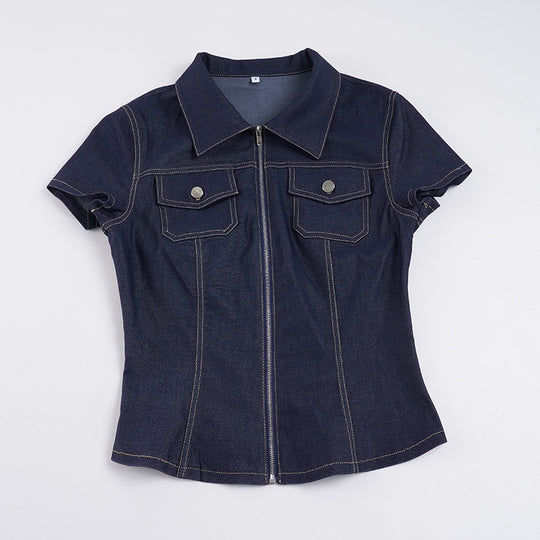 Damen Kurzarm Denim-Bluse mit modischer Zip-Detailierung und Brusttaschen EB