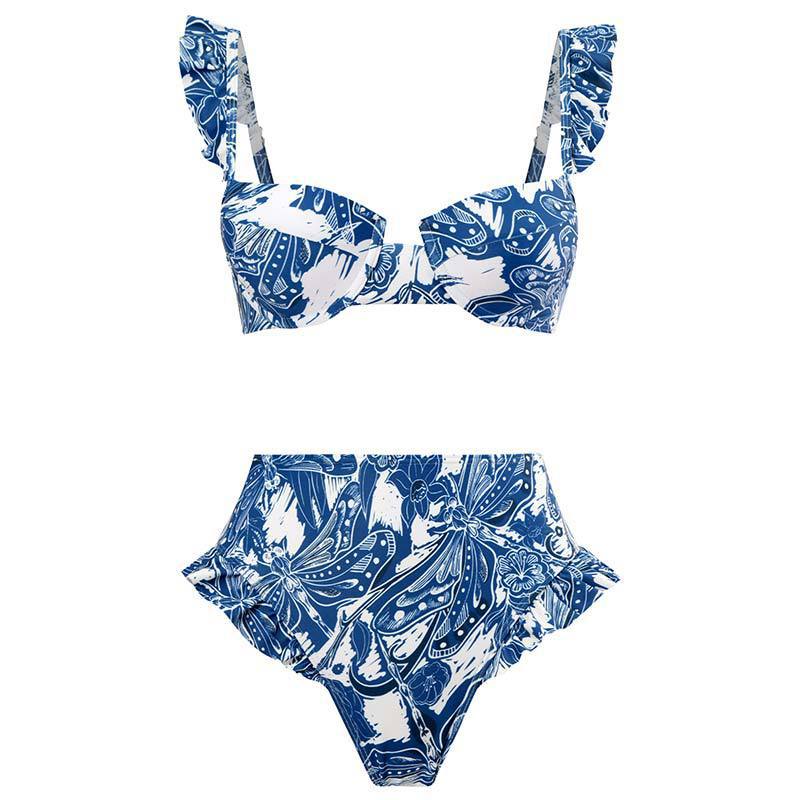 Damen Bikini-Set mit rüschenverziertem Oberteil und hoch taillierter Hose EB