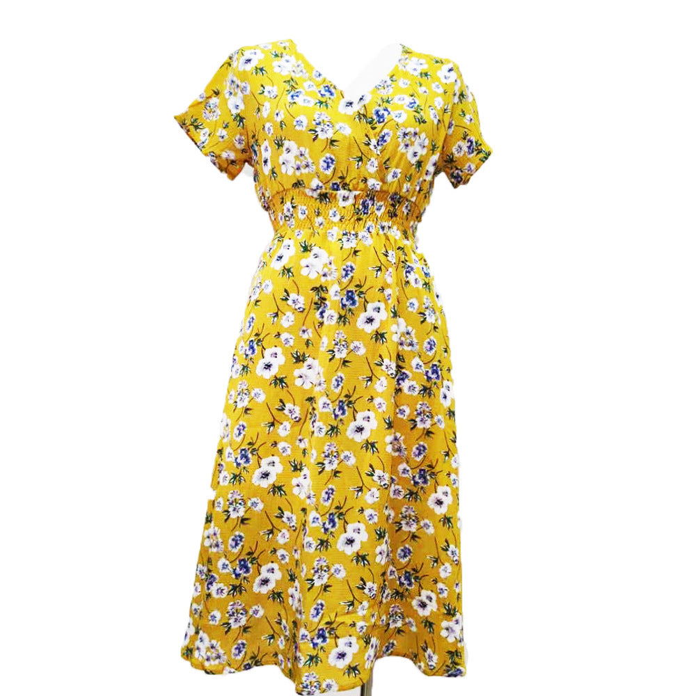 Damen Maxikleid mit floralen Mustern und elastischem Taillenbund EB