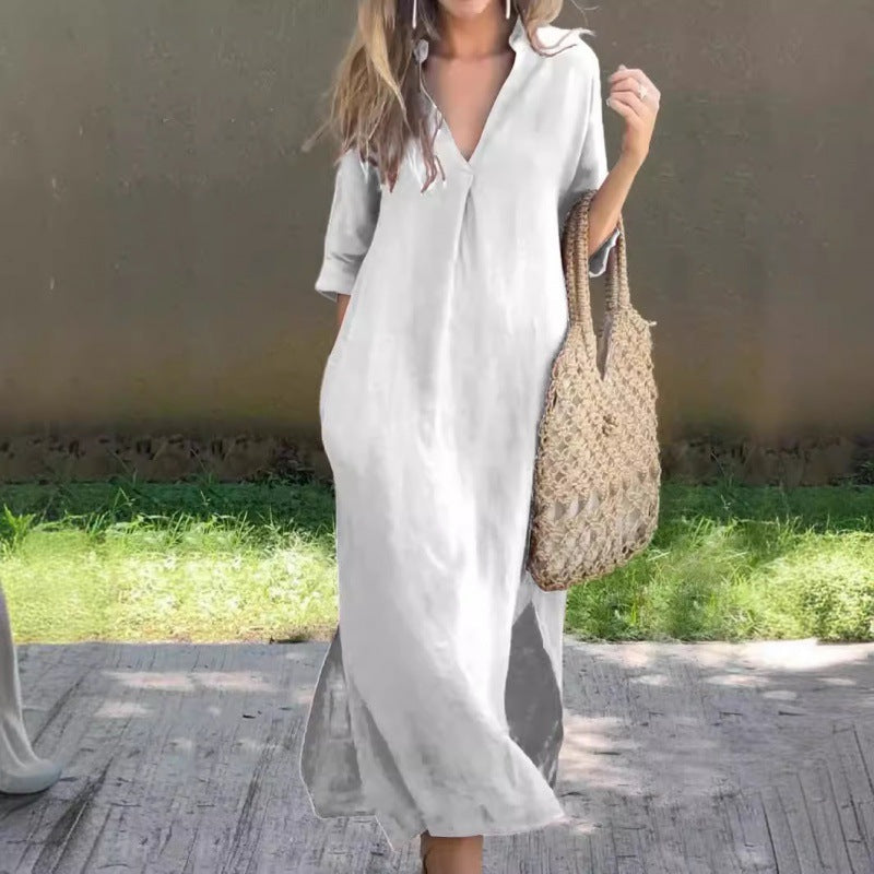 Damen Lässiges Maxikleid mit V-Ausschnitt und praktischen Seitenschlitzen EB