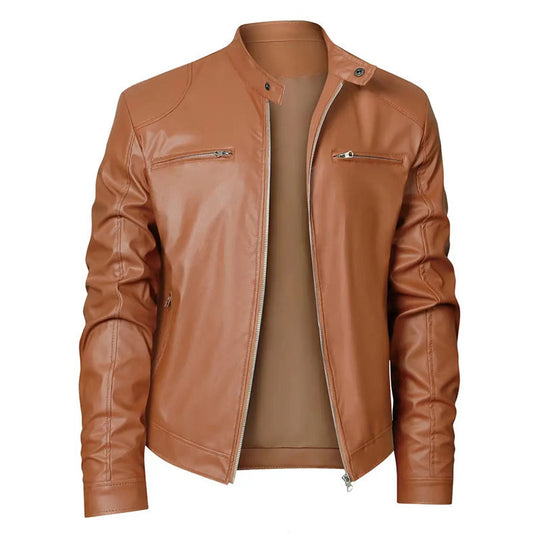 Herren nan schlanke Kunstleder-Bikerjacke mit Stehkragen, durchgehendem Reißverschluss und zwei Brusttaschen EB