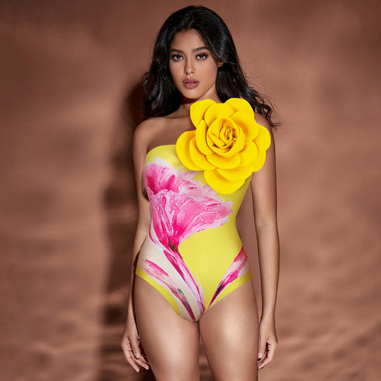 Damen Einteiler Badeanzug mit floralem Design und elegantem Wickelrock EB