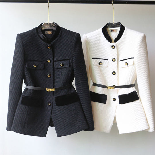 Damen Elegante Bouclé-Blazerjacke mit Samtbesatz und Taillengürtel EB