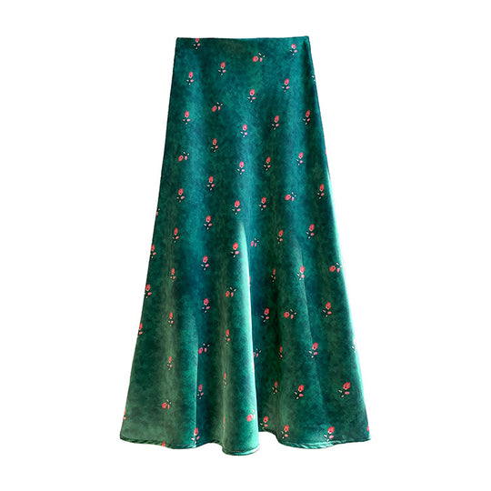 Damen  fließender Midirock mit floralem Print und A-Linie aus satinähnlichem Stoff EB