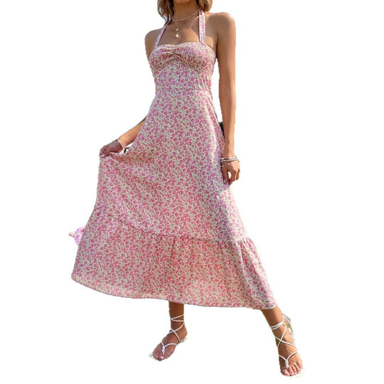 Damen Maxikleid mit floralem Design und gerafftem Saum EB