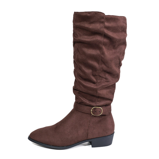 Damen kniehoher Slouch-Stiefel aus weichem Microvelours mit Ziergurt und niedrigem Blockabsatz EB