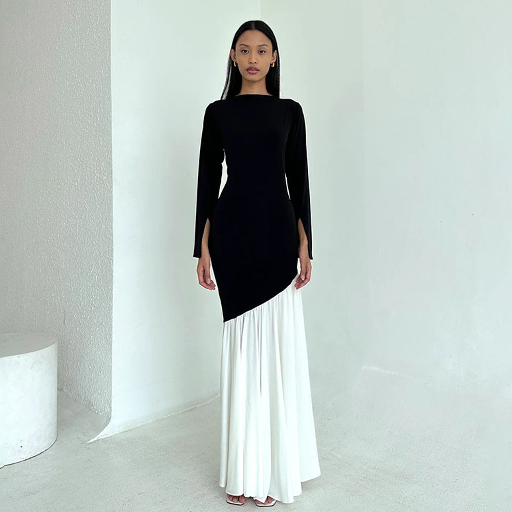 Damen elegantes, asymmetrisches Maxikleid mit langen Ärmeln und farblichen Kontrasten EB