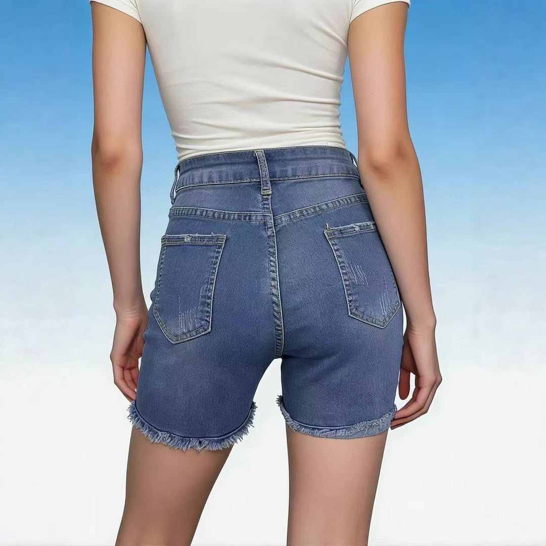 Damen lässige High-Waist Denim-Shorts mit Fransen und modischen Destroyed-Details EB