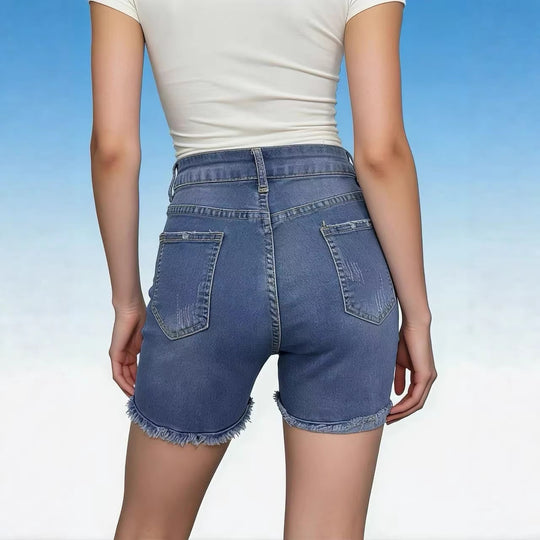 Damen lässige High-Waist Denim-Shorts mit Fransen und modischen Destroyed-Details EB