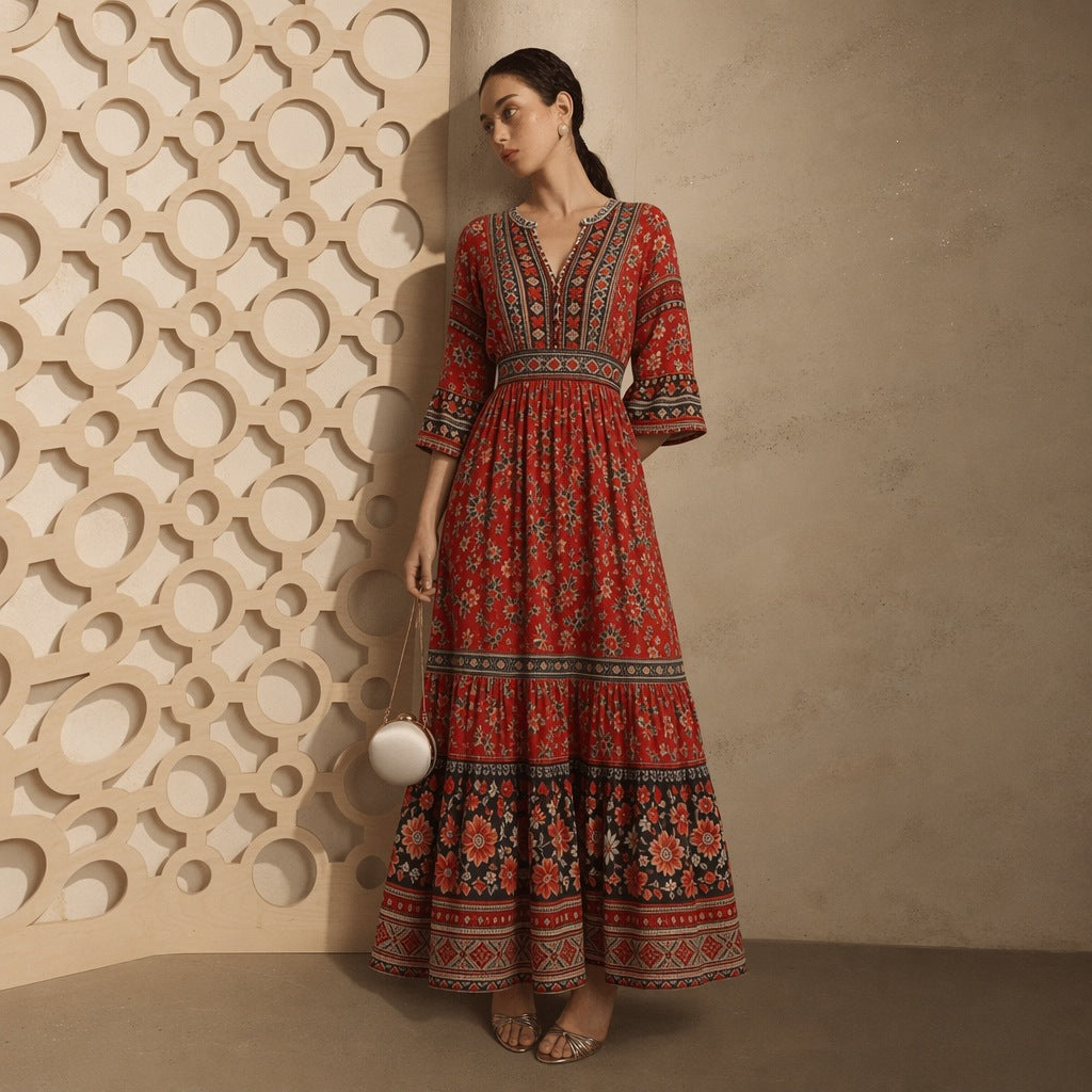 Damen langes Boho-Maxi-Kleid mit V-Ausschnitt geraffter Taille und mehrlagigem Stufenrock Eichborn Berlin