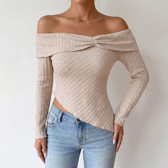 Damen Schulterfreies asymmetrisches Rippstrick-Top mit Knotenpasse EB