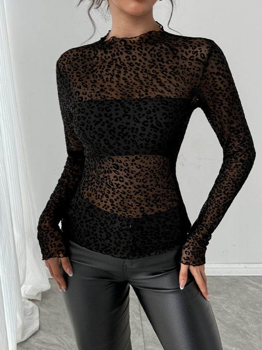 Damen Transparente Langarmbluse mit Leopardenmuster EB