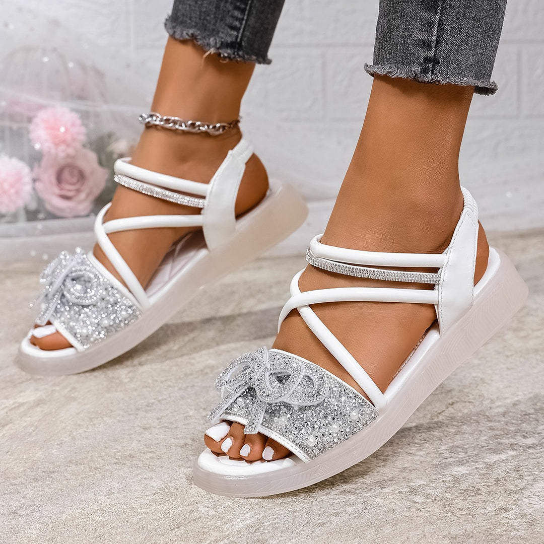 Damen Glamouröse Riemchen-Sandalen mit funkelnden Schleifenverzierungen EB