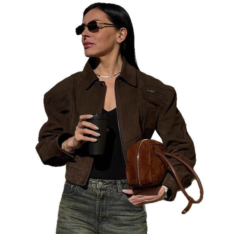 Damen Suede Übergangsjacke im lässigen Stil mit Ballonärmeln EB