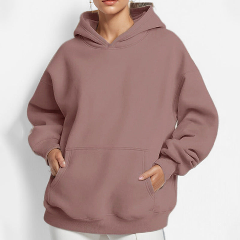 Damen nan extralanges Oversize Kapuzen-Sweatshirt mit Kängurutasche, weichem Fleece-Innenfutter und überschnittener Schulter EB