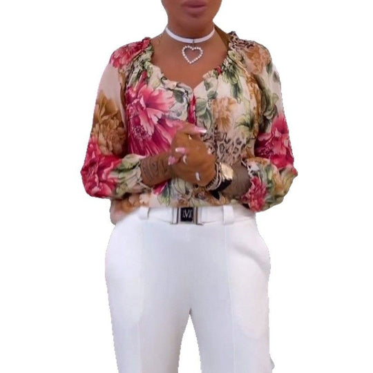 Damen nan leichte Satinbluse mit Animal- und Floralprint, Rüschenkragen, V-Ausschnitt und Manschettenärmeln EB