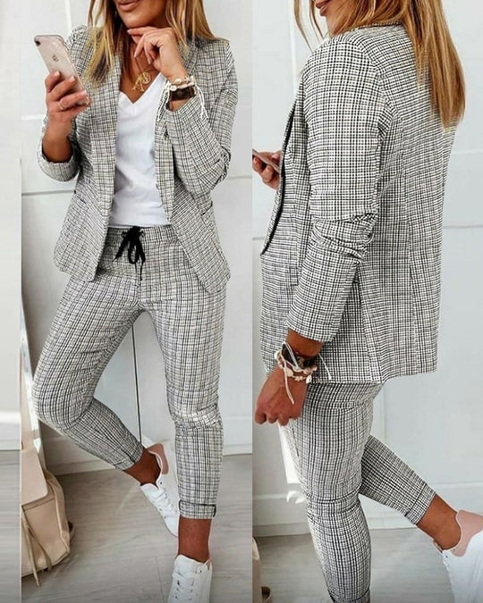 Damen nan zweiteiliges Karomuster Business-Casual Blazer-Set mit elastischer Bundhose EB