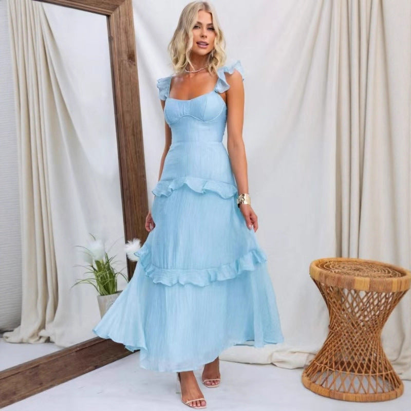Damen Maxikleid mit Rüschendetails und taillierter Silhouette EB