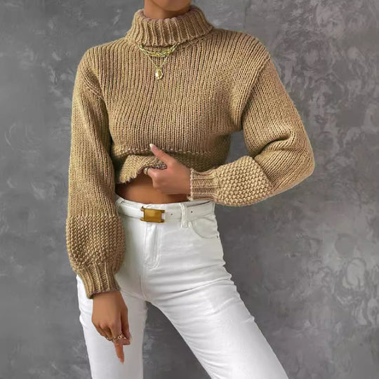Damen trendiger Pullover mit hoch geschlossenem Kragen und voluminösen Ärmeln EB