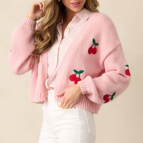 Damen kuschelige Strickjacke mit kirschmotivierten Applikationen EB