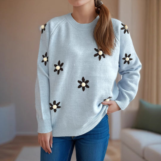 Damen Strickpullover mit floralen Applikationen und lässigem Schnitt EB